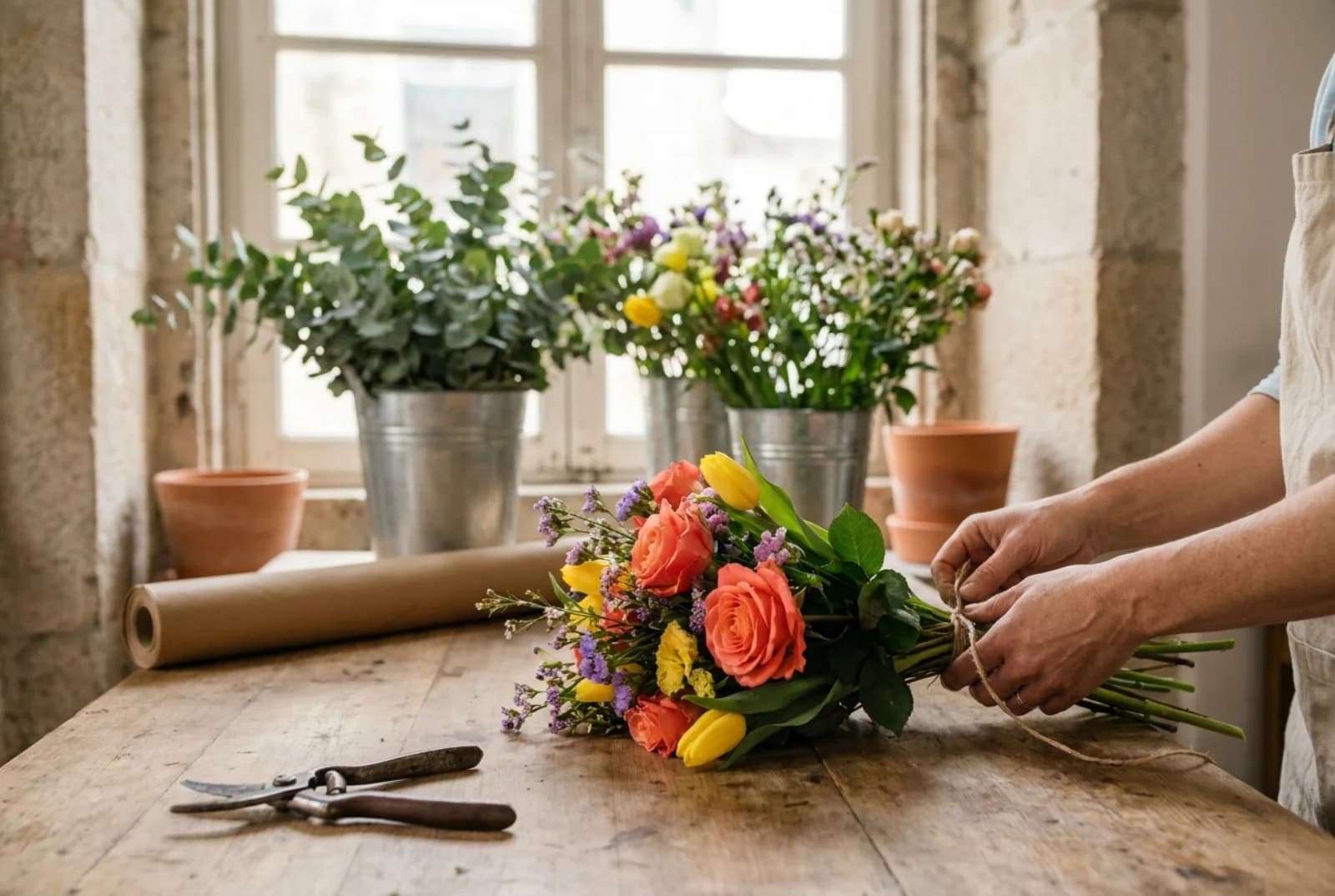 Bancada da florista com flores frescas, tesouras e fio