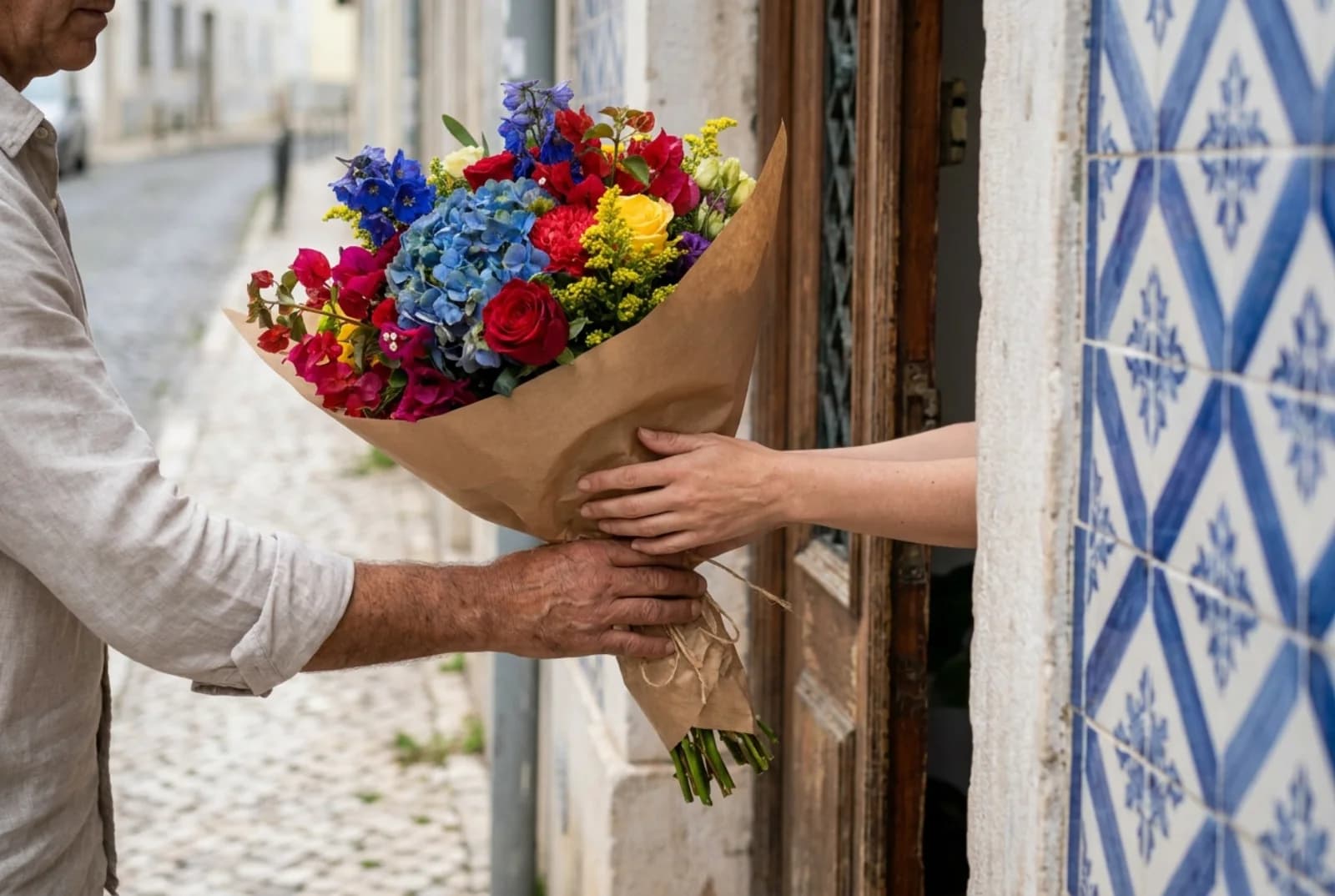Entrega de um ramo em mãos, à porta de um prédio em Lisboa