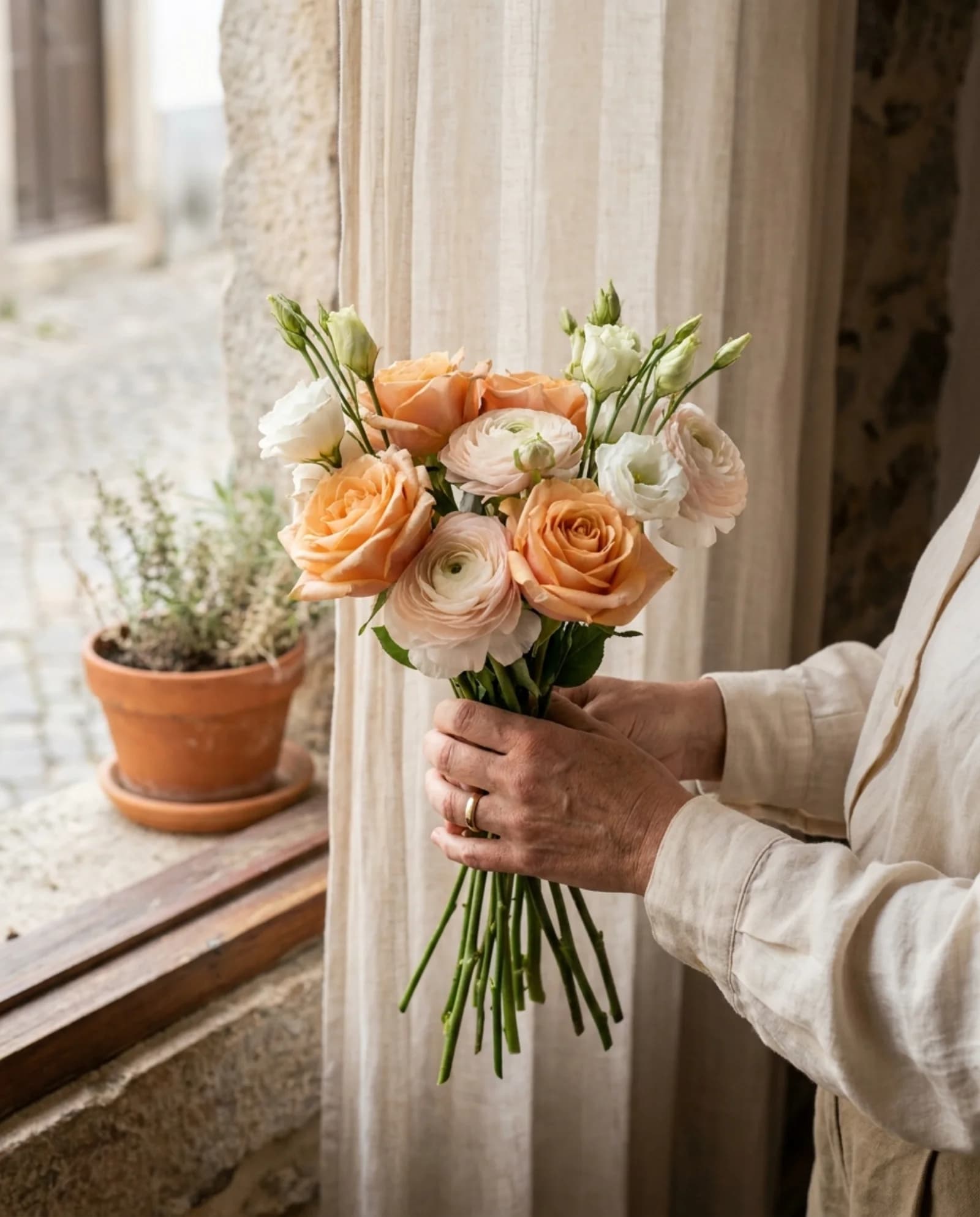 Mãos de uma mulher a segurar um ramo de rosas em tons de pêssego